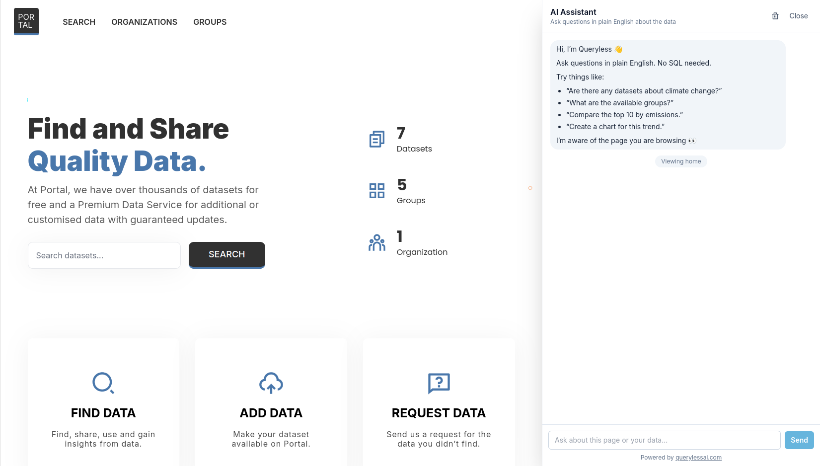QuerylessAI PortalJS integration chat